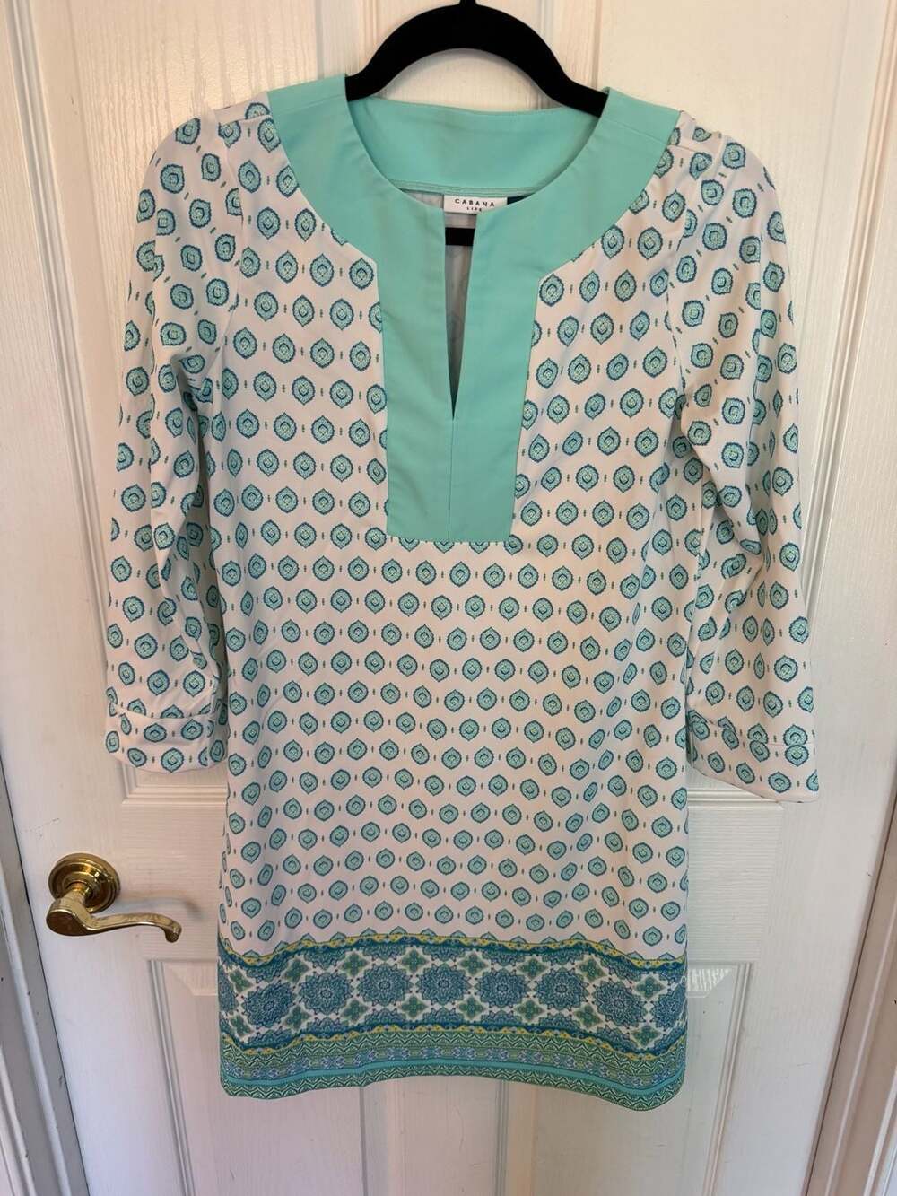 Cabana Life Teal Geometric 3/4 Sleeve Tunic Dress Size S
